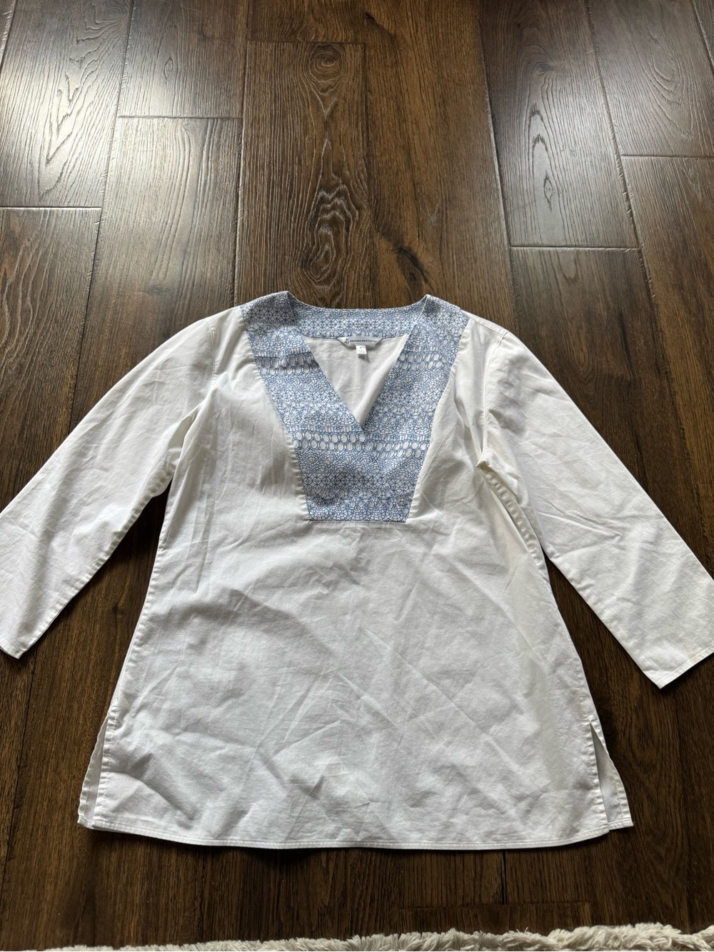 Brooks Brothers White Tunic with Blue Geometric Embroidery